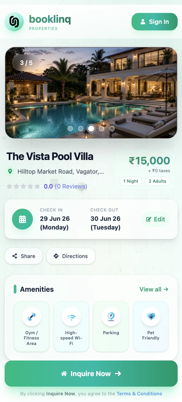 The Vista Pool Villa booking page on Booklinq — photos, price and an Inquire Now button